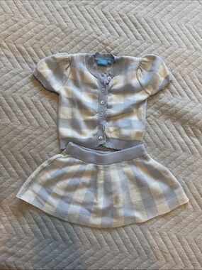 Blue & Cream Striped Knit Cardigan + Skirt Set